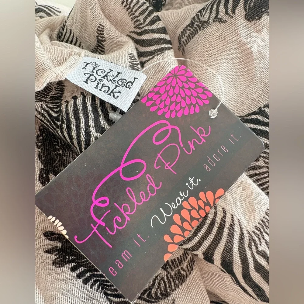 NWT Tickled Pink Black & Tan Zebra Print Wrap Scarf Size 27”x 76” - Picture 8 of 10